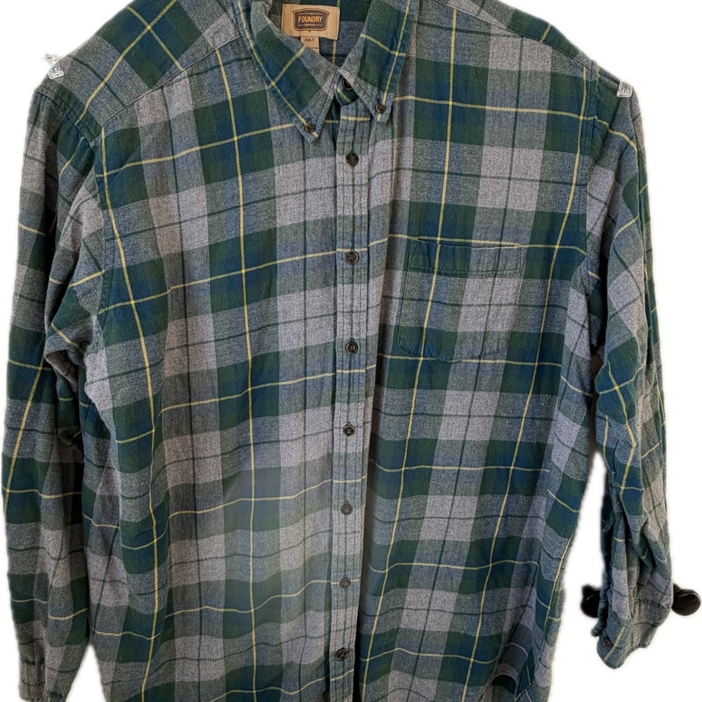Foundry Supply Co Green Plaid Flannel Shirt Mens 2XLT Tall Cotton Button Down